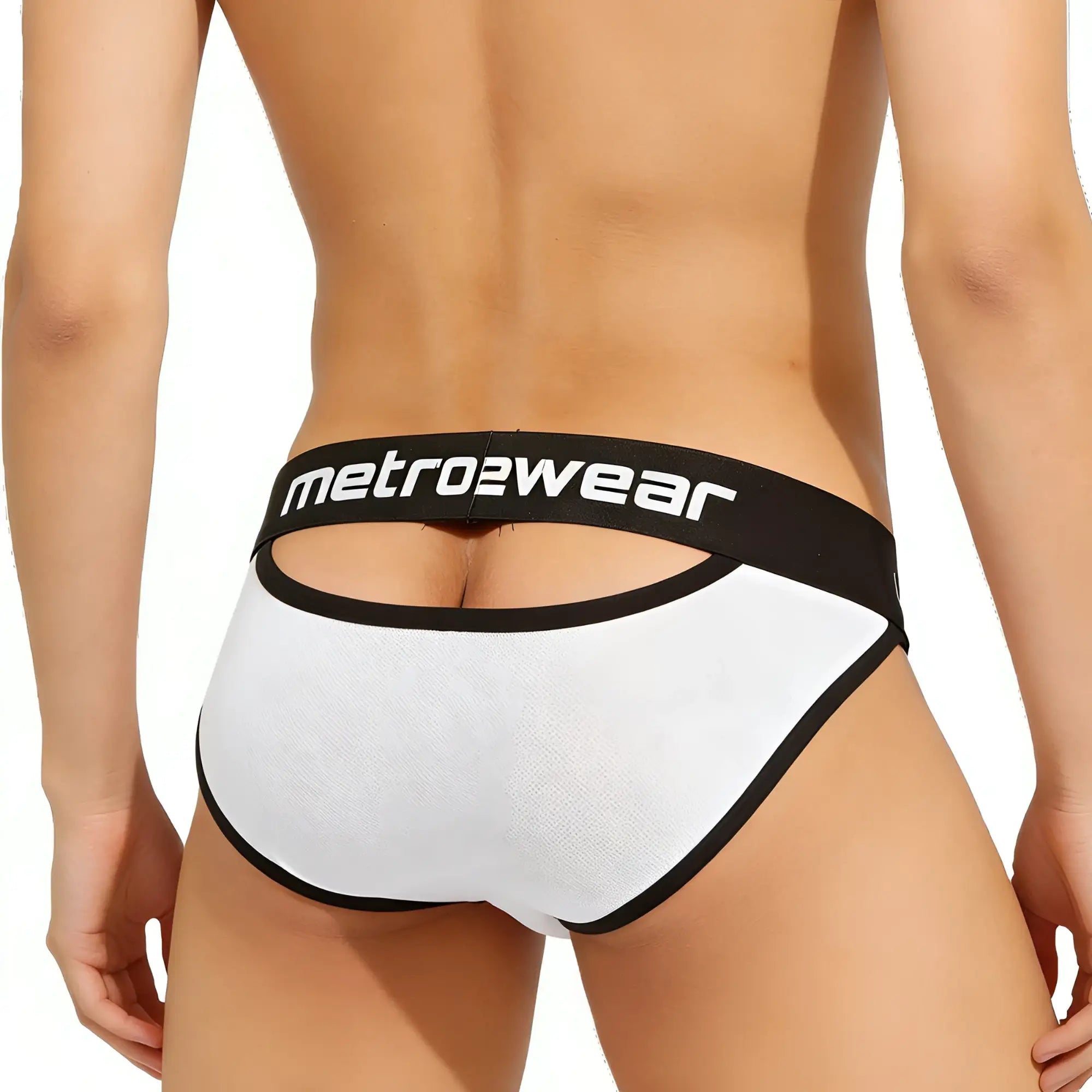 White and black metro2wear briefs with textured fabric and bold branding on waistband metroMalewear audace bikini