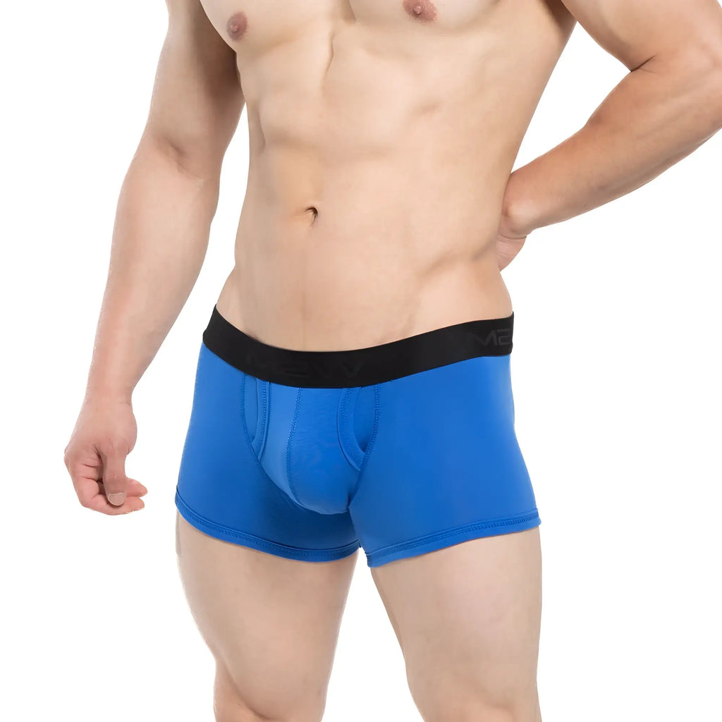 Bright blue royal blue MetroMaleWear Avalon boxer briefs with black elastic Vic logo waistband for comfortable wear