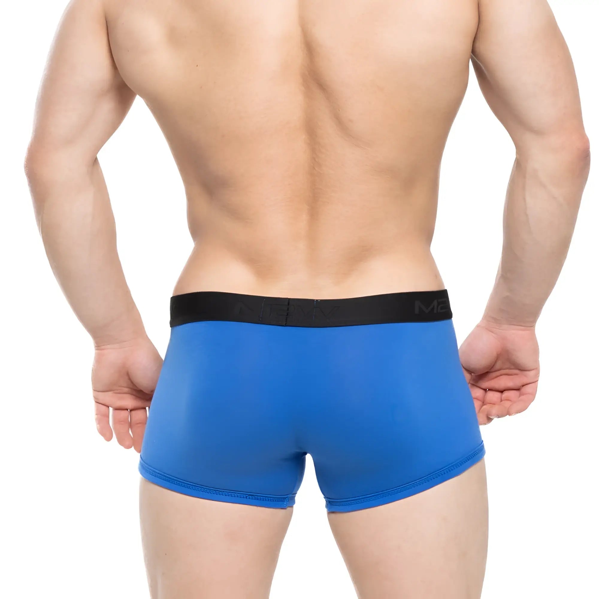 Blue men’s briefs with black elastic waistband featuring m3 logo from MetroMaleWear Avalon Boxer Brief royal blue 3034-18