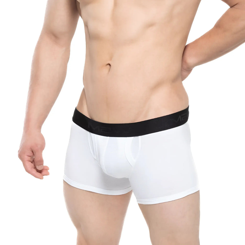 White metro malewear avalon boxer briefs with black elastic waistband and subtle branding in cotton blend fabric