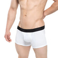 White metro malewear avalon boxer briefs with black elastic waistband and subtle branding in cotton blend fabric