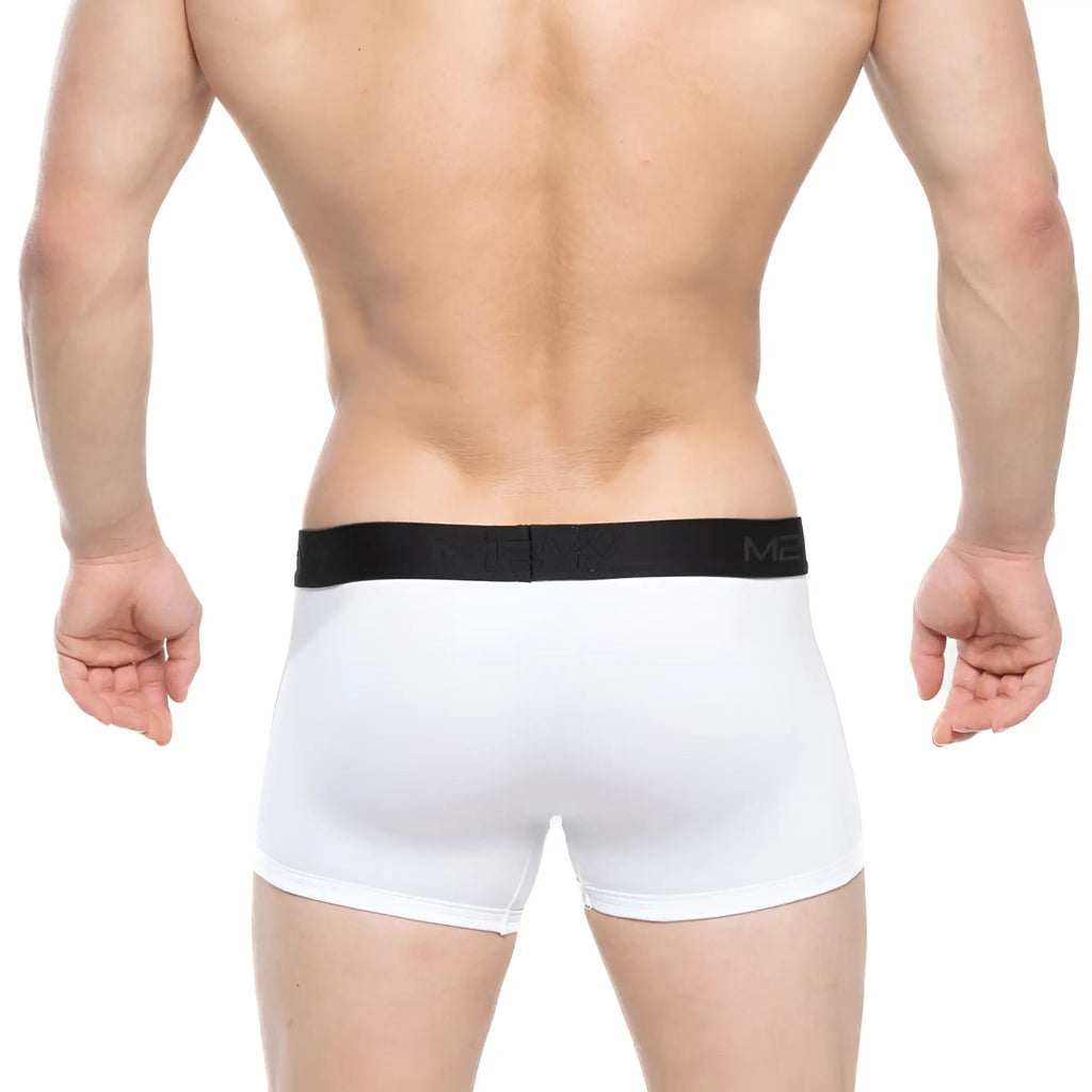 White metro male wear avalon boxer briefs with black moro logo waistband in comfortable cotton fabric