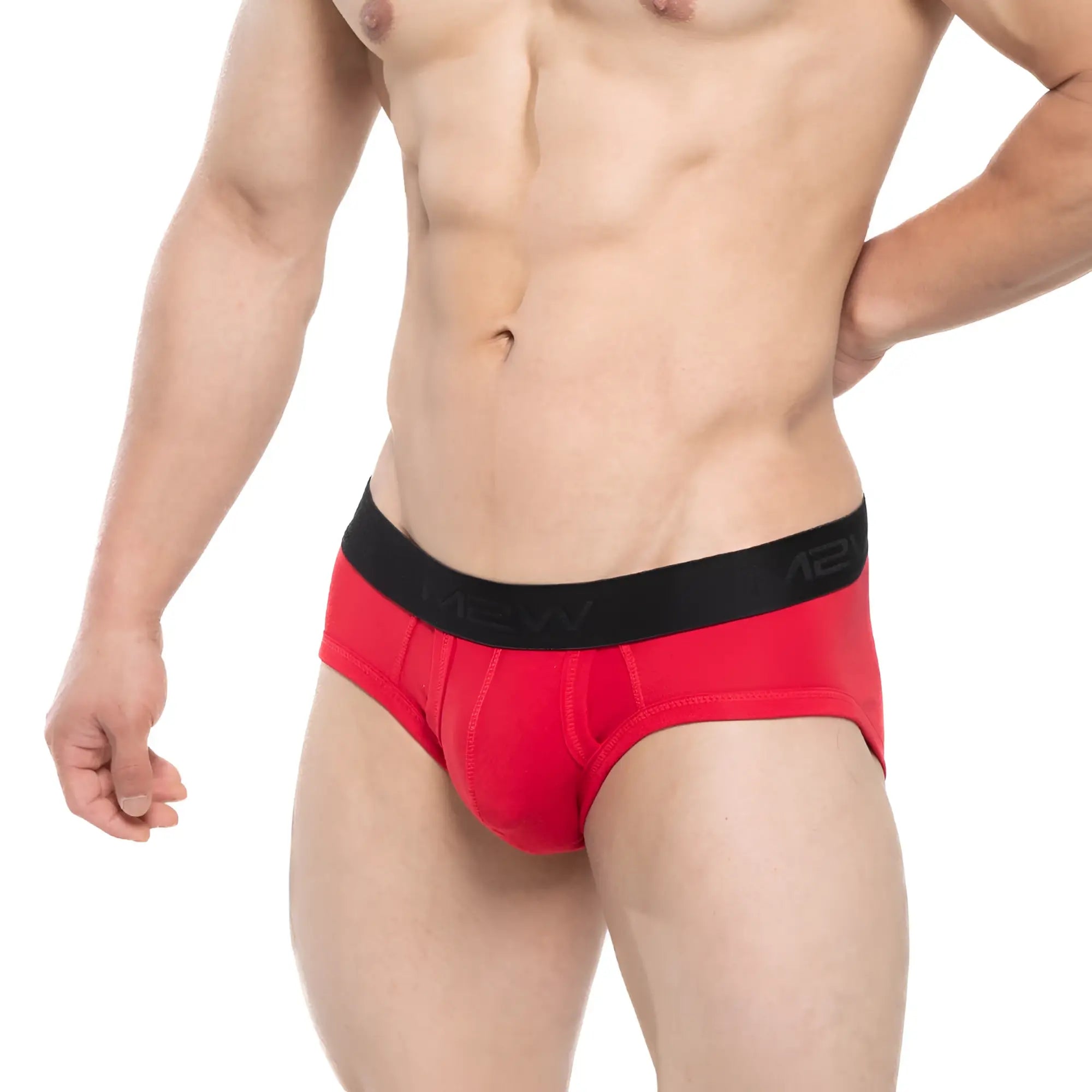 Red men’s briefs metroMaleWear Avalon brief red 3036-12 with black mew logo elastic waistband