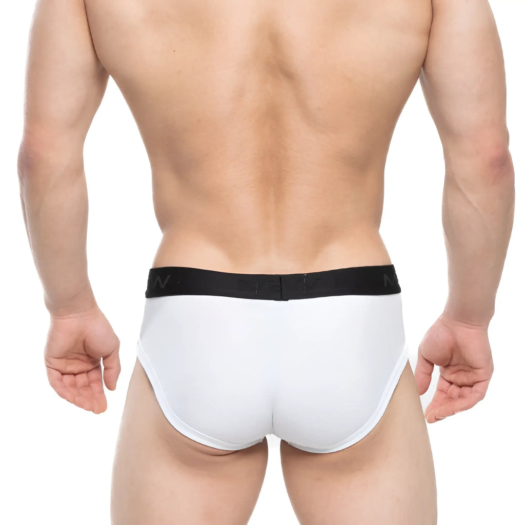 White briefs with black elastic waistband featuring metromalewear logo designed for comfort and support