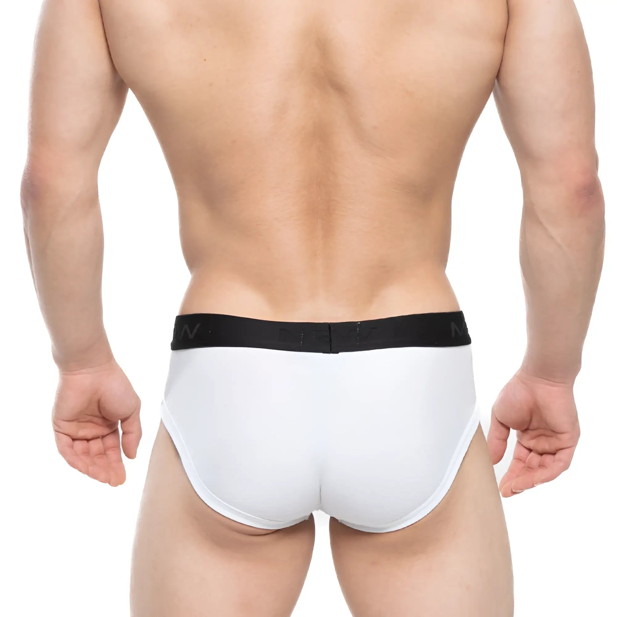 White briefs with black elastic waistband featuring metromalewear logo designed for comfort and support