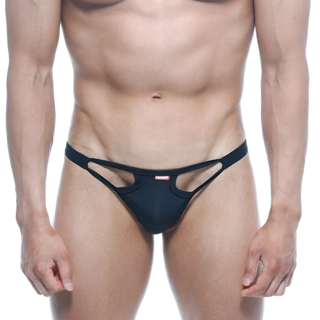 MetroMaleWear Avant-garde bikini black thong with sleek modern design and cut-out detailing shown from the back side