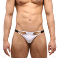 Metro male wear avantgarde bikini white thong with black elastic side straps and cutout details in front view