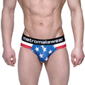 MetroMaleWear Avengers hip brief with blue american flag pattern white stars red stripes and black waistband