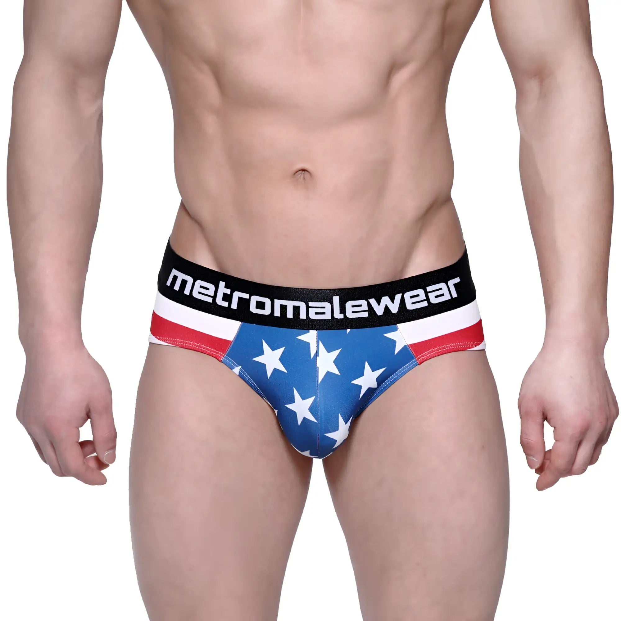 MetroMaleWear Avengers hip brief with blue american flag pattern white stars red stripes and black waistband