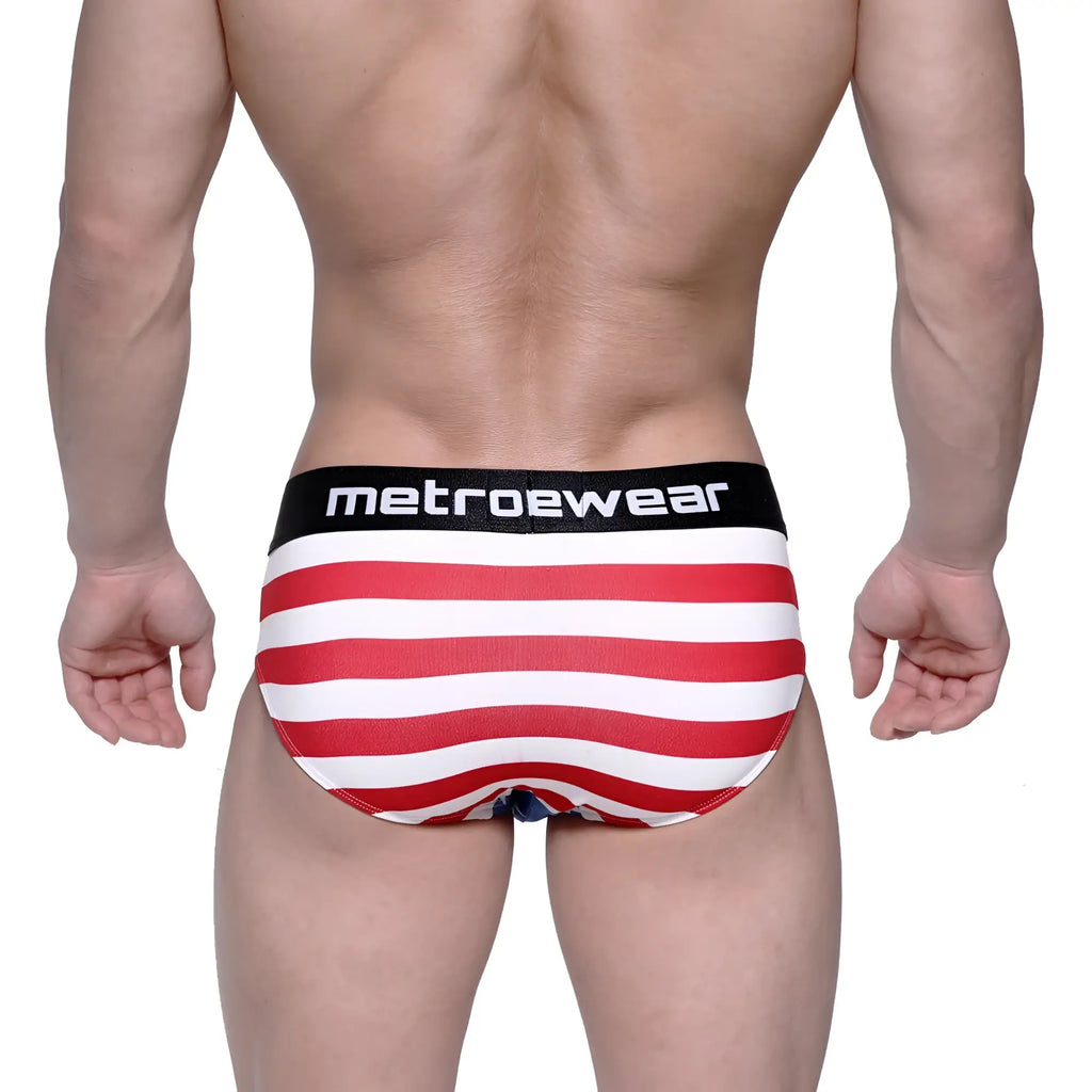 Men’s red and white striped briefs with black metroewear waistband in metro male wear avengers hip brief 5003-93 style