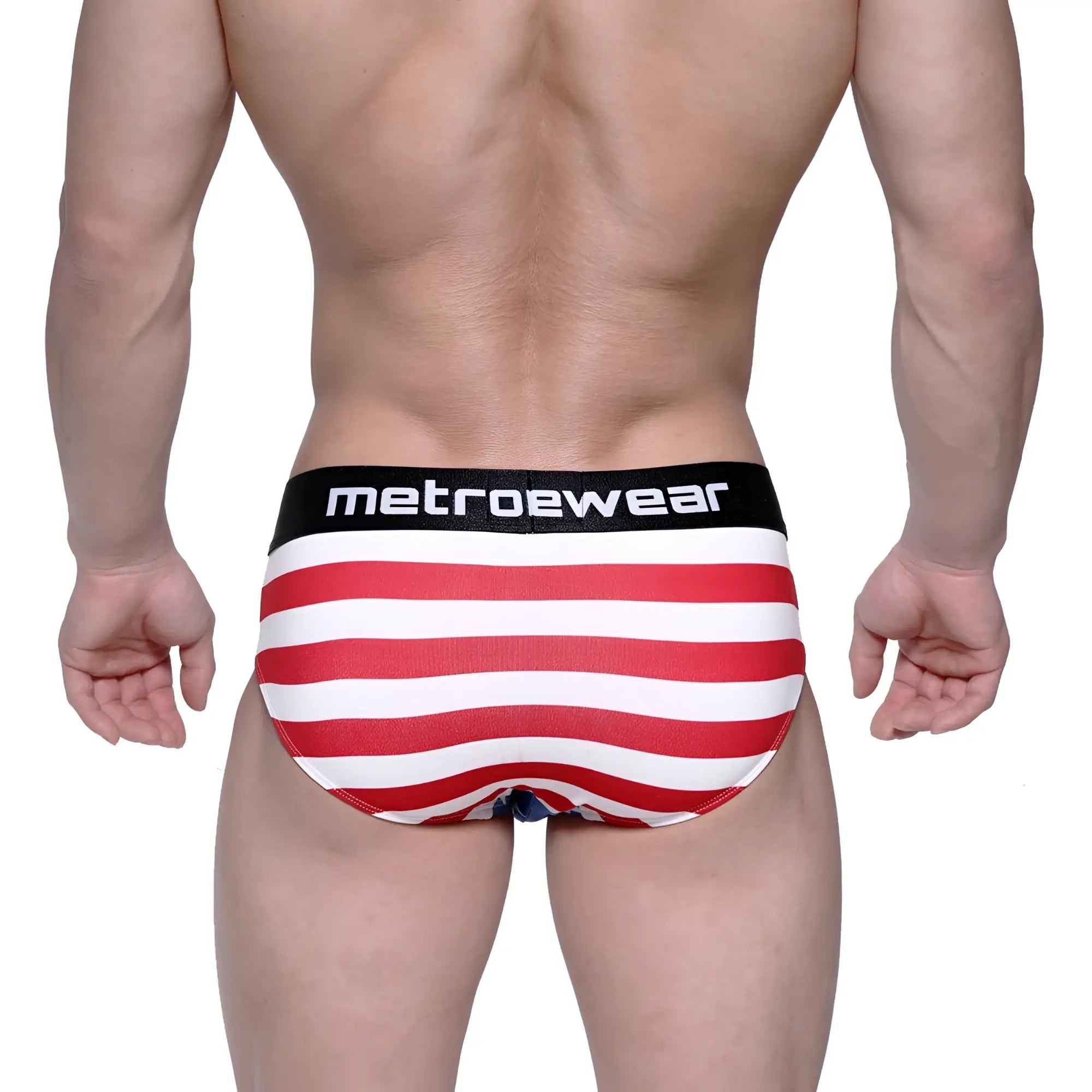 Men’s red and white striped briefs with black metroewear waistband in metro male wear avengers hip brief 5003-93 style