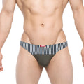 MetroMaleWear awesome bikini briefs in dark gray with navy and white striped waistband and red brand tag