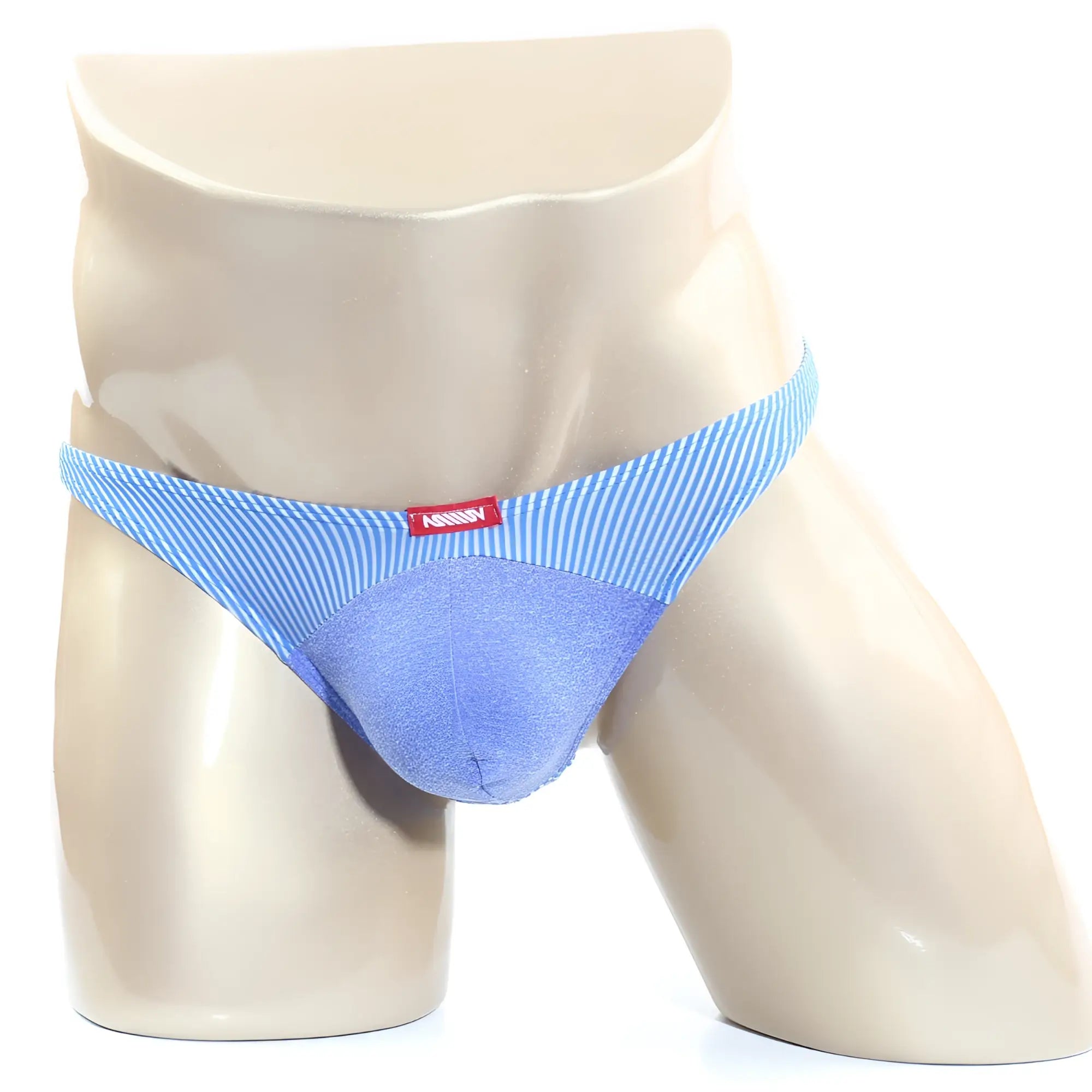 Metro male wear awesome thong blue 2302-s08 blue striped and solid fabric briefs with red brand tag front view