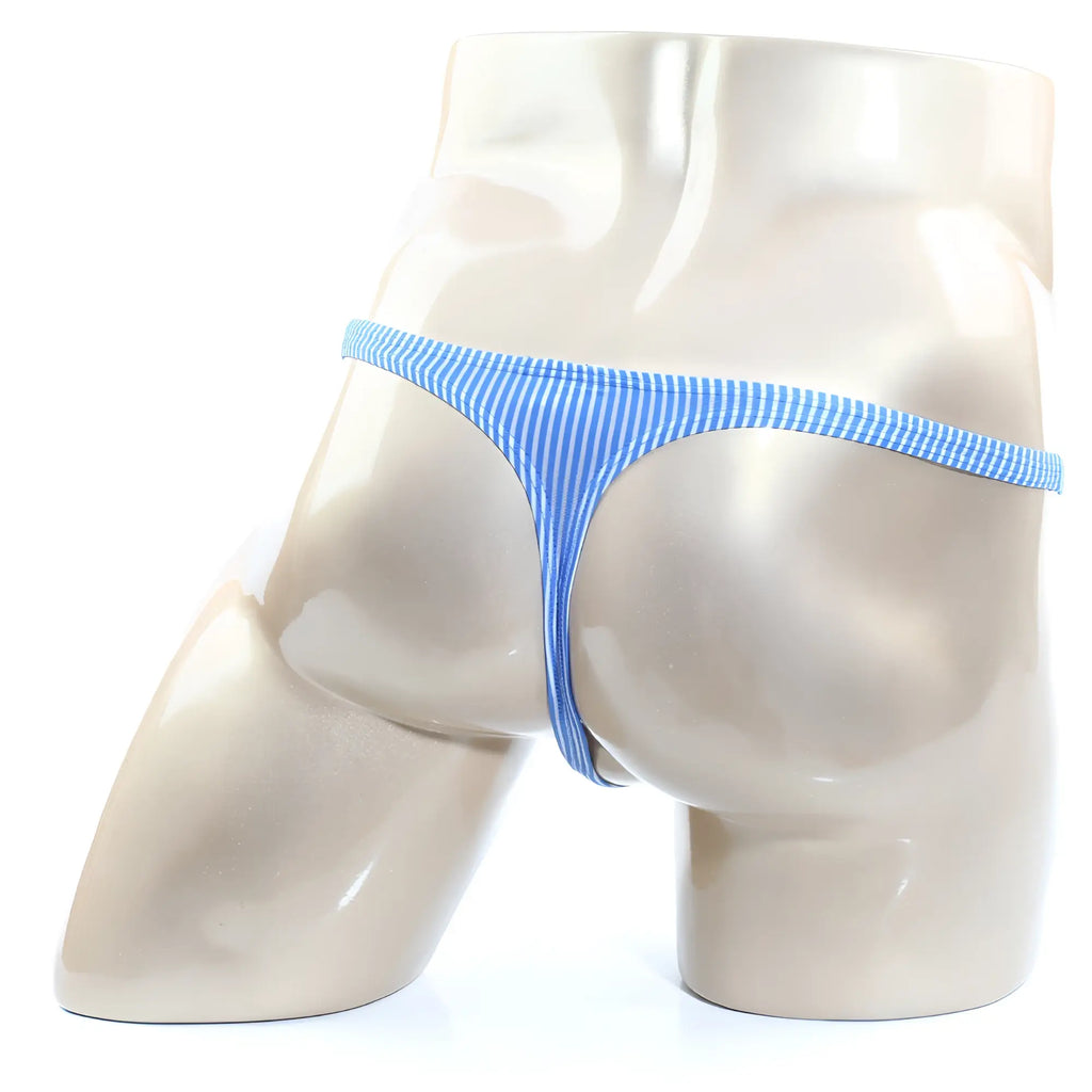 MetroMaleWear awesome thong blue 2302-S08 blue and white striped fabric displayed on mannequin front side