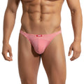 Pink striped and solid fabric briefs with red brand tag from MetroMaleWear awesome thong orange 2302-S02 front view