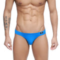 MetroMaleWear azul real bikini 5103-82 bright blue form-fitting swim trunks with black logo tag on waistband