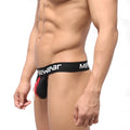 Black mens briefs with white malewear branding and red accent panel in metro malewear backless thong red 1102-30
