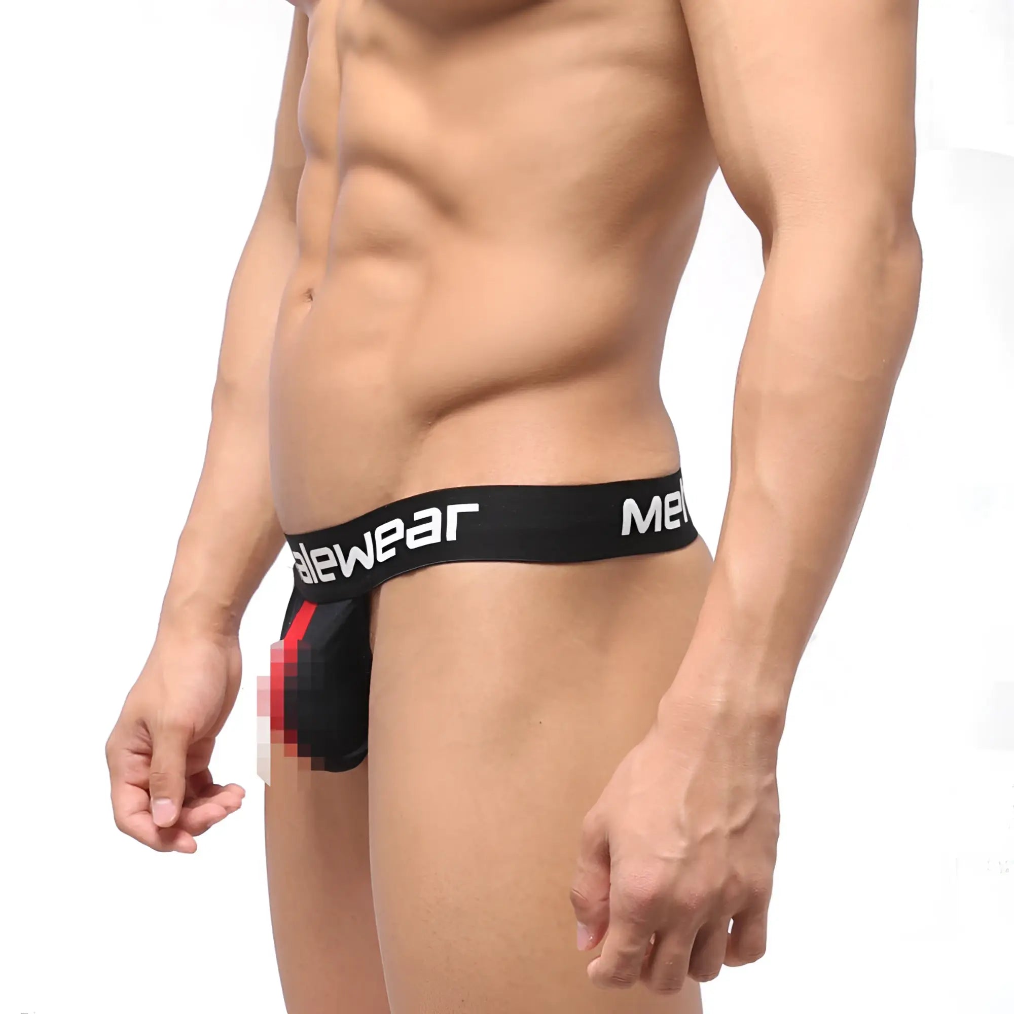 Black mens briefs with white malewear branding and red accent panel in metro malewear backless thong red 1102-30