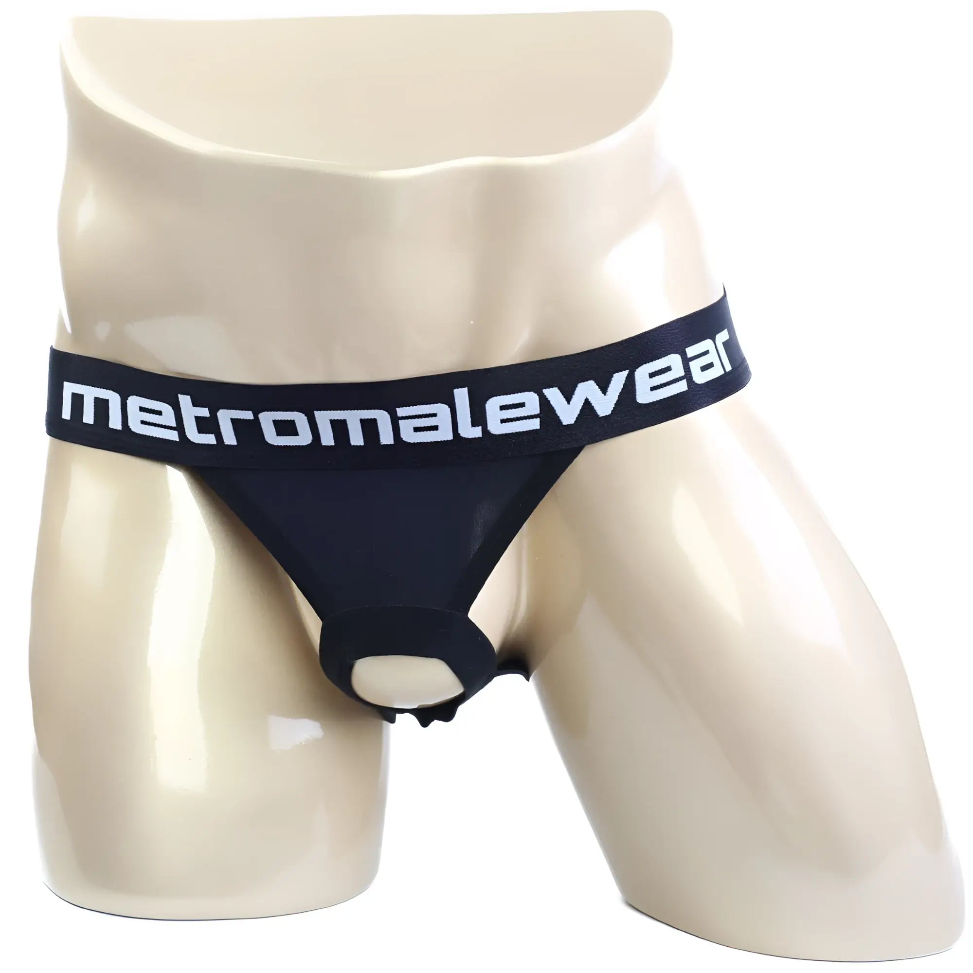 Black metromalewear ball holder jock strap briefs with white logo on waistband designed for support and comfort