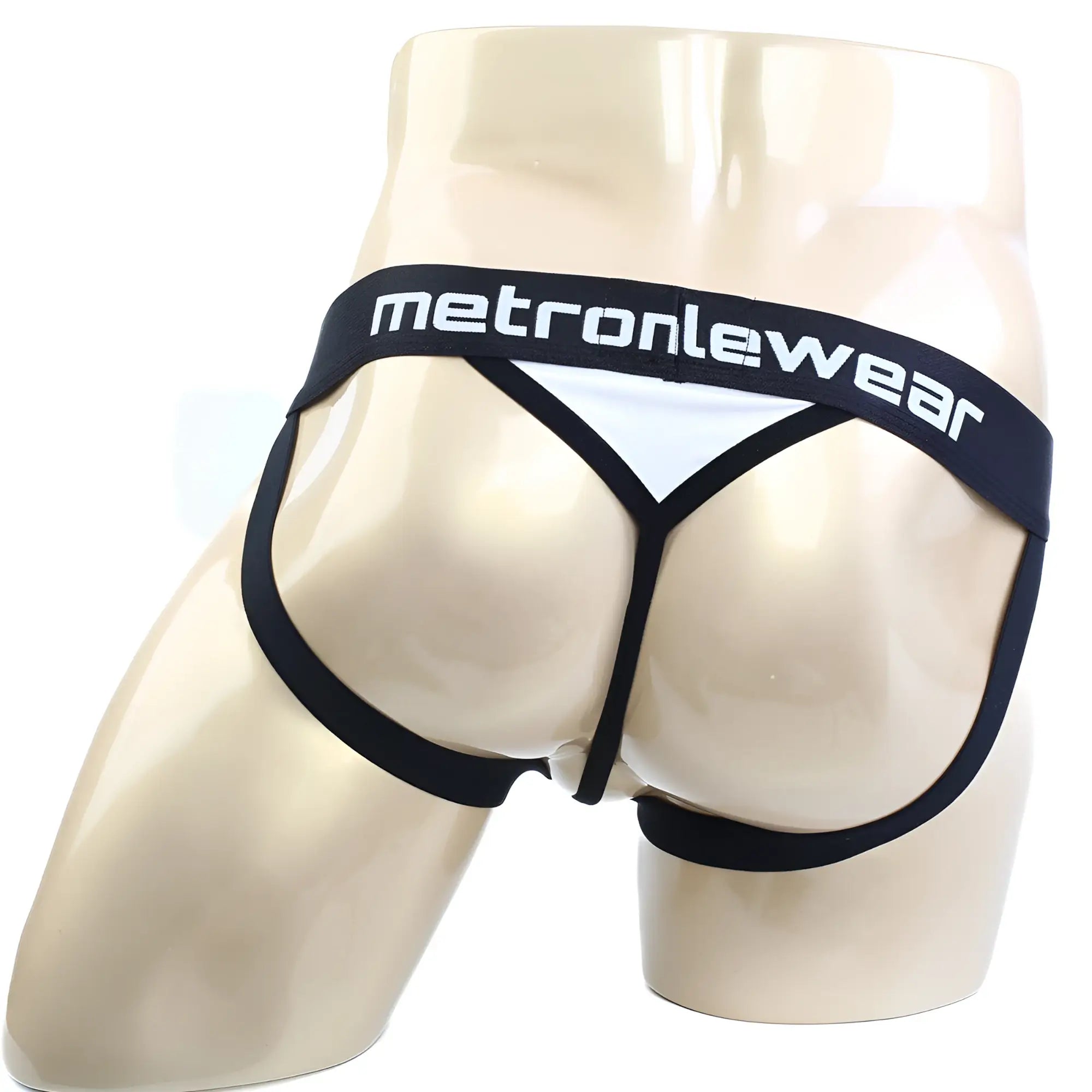 Black and white metromalewear ball holder jock strap with wide waistband and bold white branding in front view