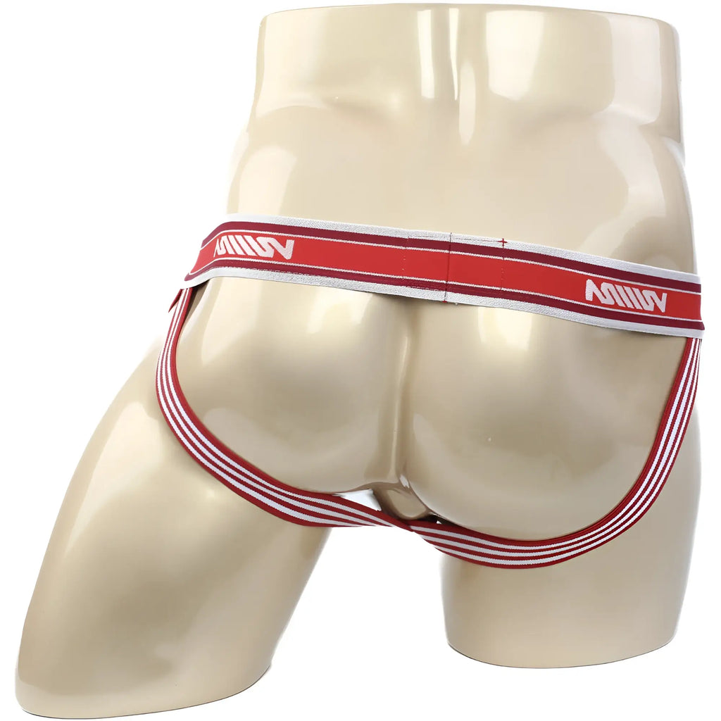 Red and white striped MetroMaleWear ball lifter jock strap with branded waistband for athletic support