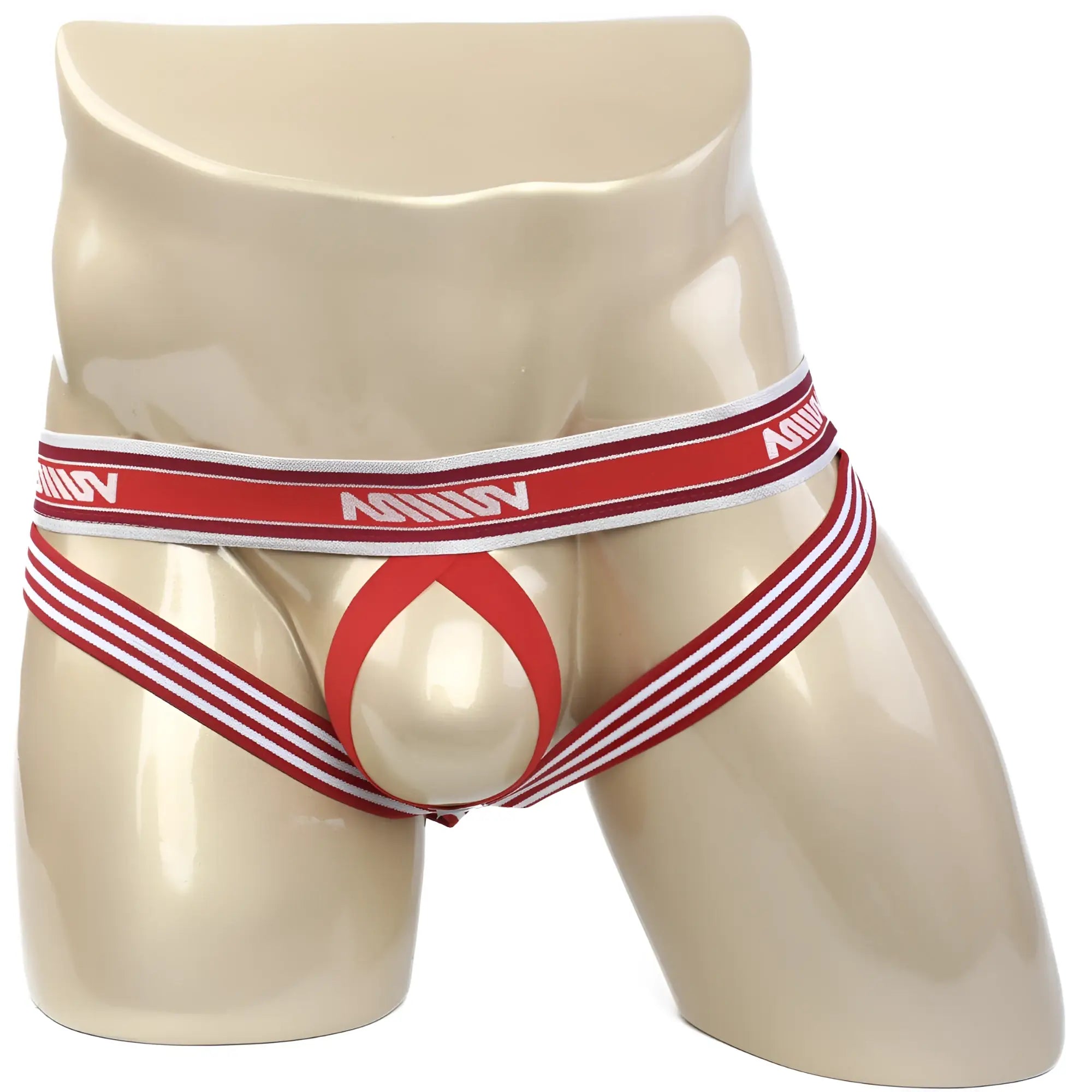 Red and white striped mens briefs with central red ring design and minov waistband from metromalewear ball lifter jock strap
