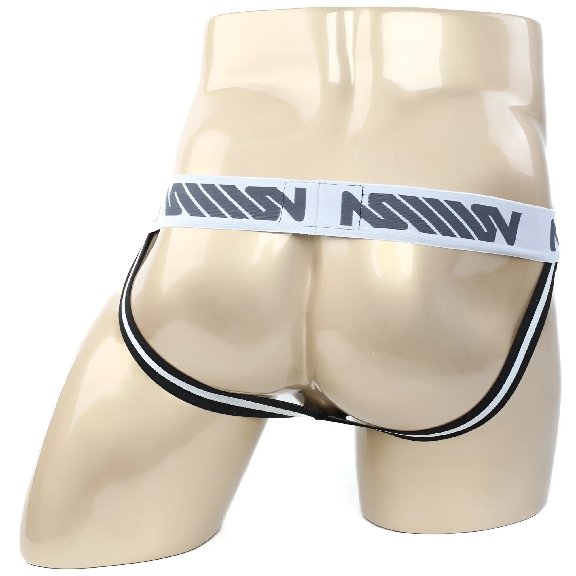 Black and white striped athletic briefs with a bold gray logo waistband metro male wear ball lifter jock strap white