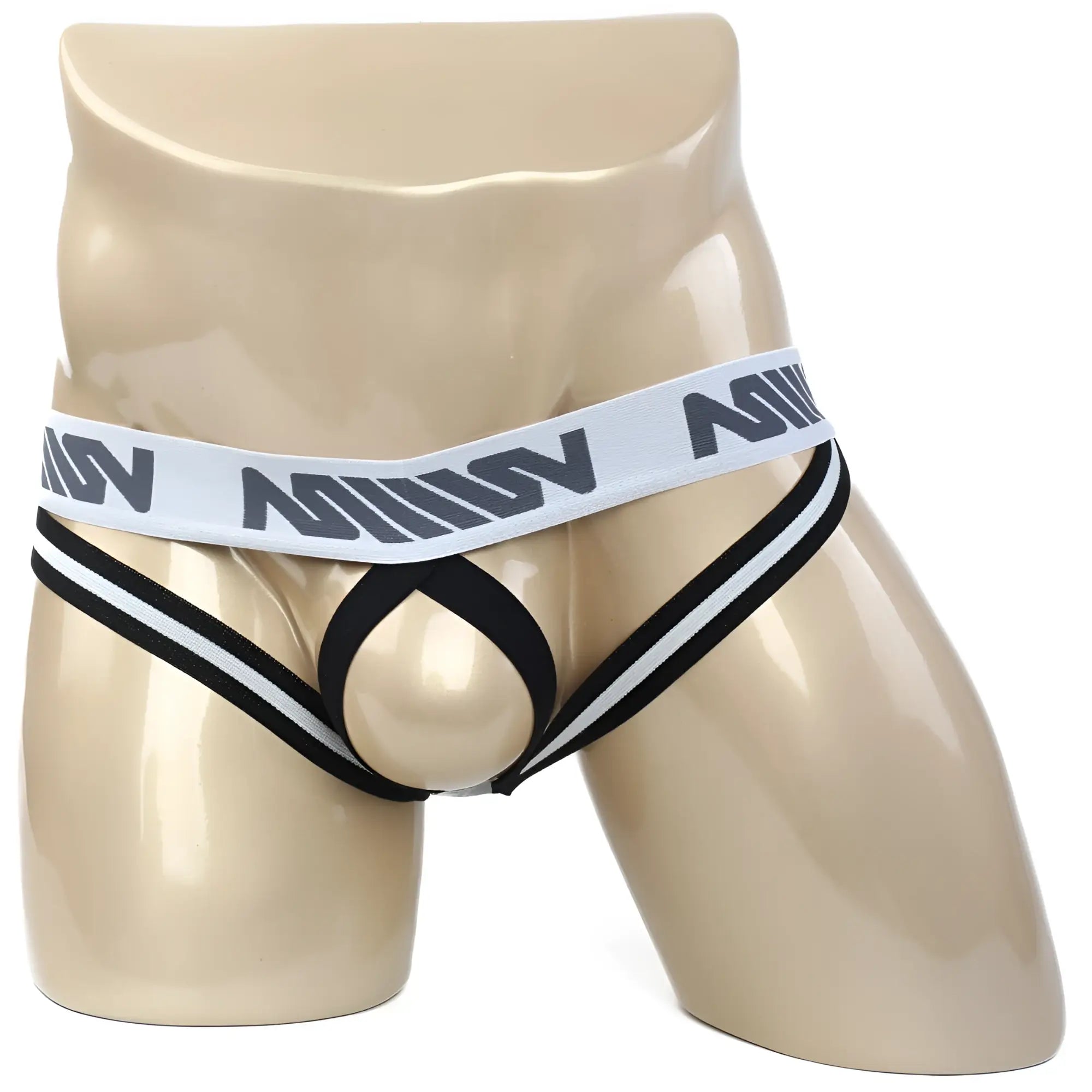 Black and white striped men’s briefs with a branded waistband from MetroMaleWear ball lifter jock strap white 0012-00