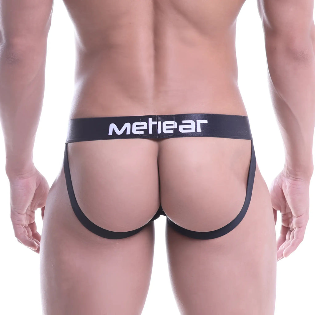 Black meheear brand briefs with white lettering on waistband MetroMaleWear bandal jock strap white 2901-32