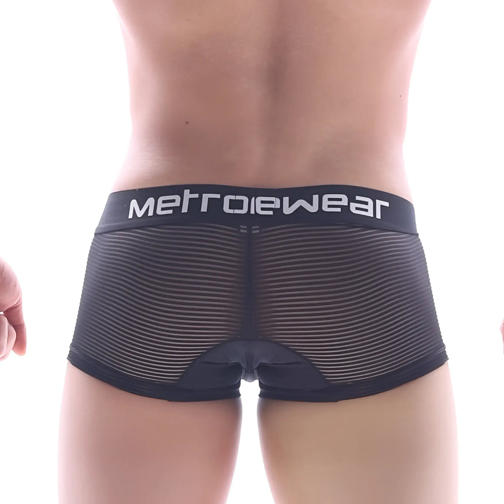 Black mesh briefs with striped pattern and metrowear waistband from metromalewear bar short boxer 7 inch 2022 95