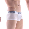 White mesh metro male wear bar short boxer briefs with gray logo band and 7 inch inseam