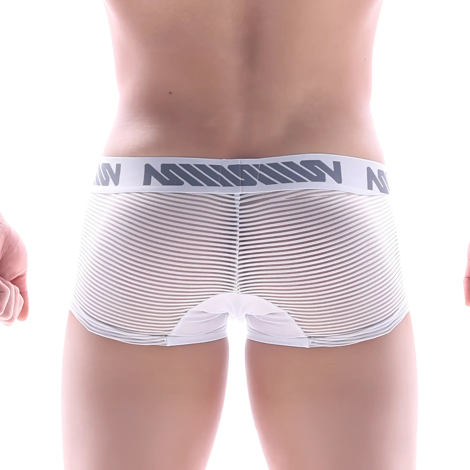 White mesh metro male wear bar short boxer briefs with gray and white striped waistband and mission logo