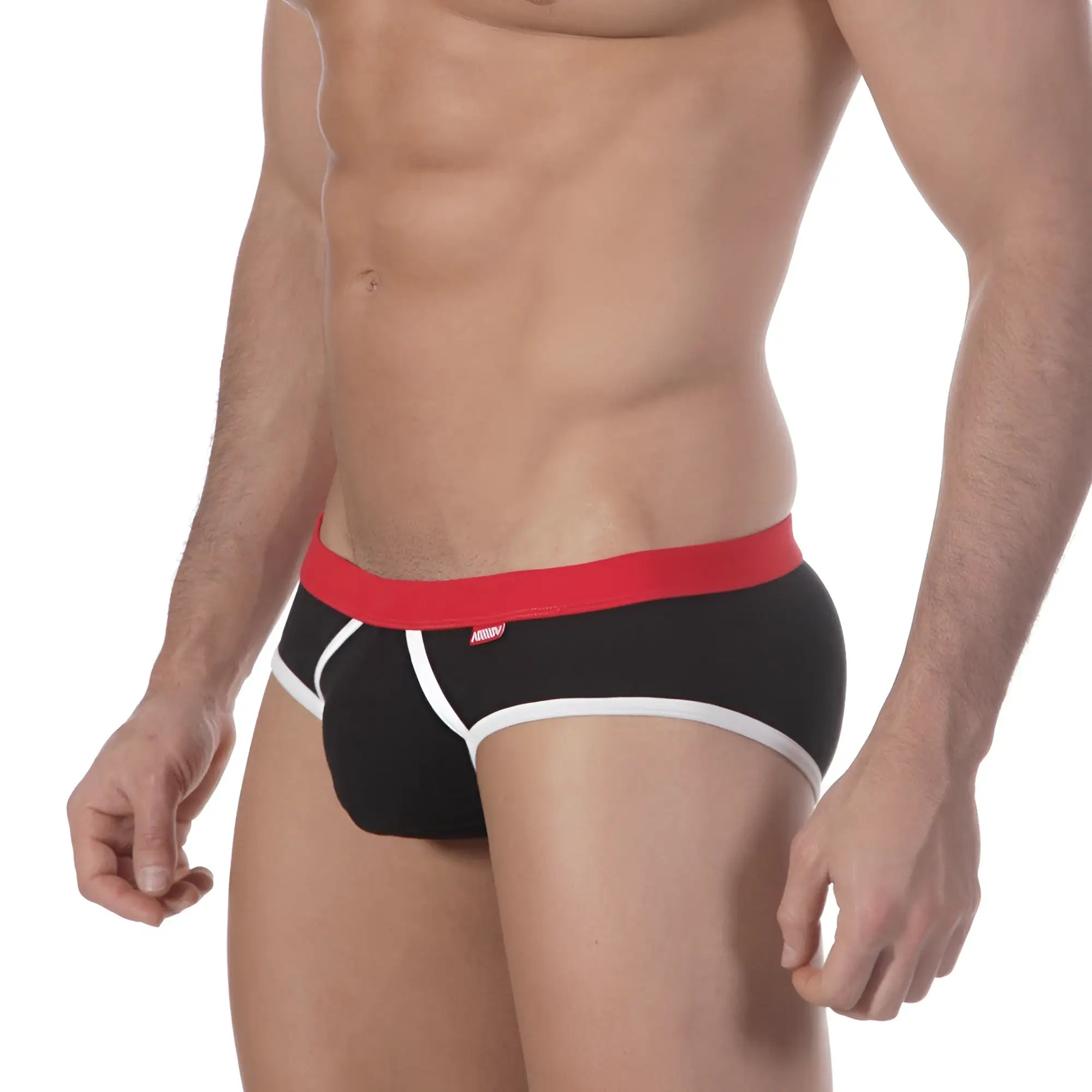 Metro male wear bare lowrise black briefs with red waistband white trim and puma logo on the side