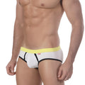 MetroMaleWear bare lowrise white briefs with bright yellow waistband black trim and fabriq logo on the side