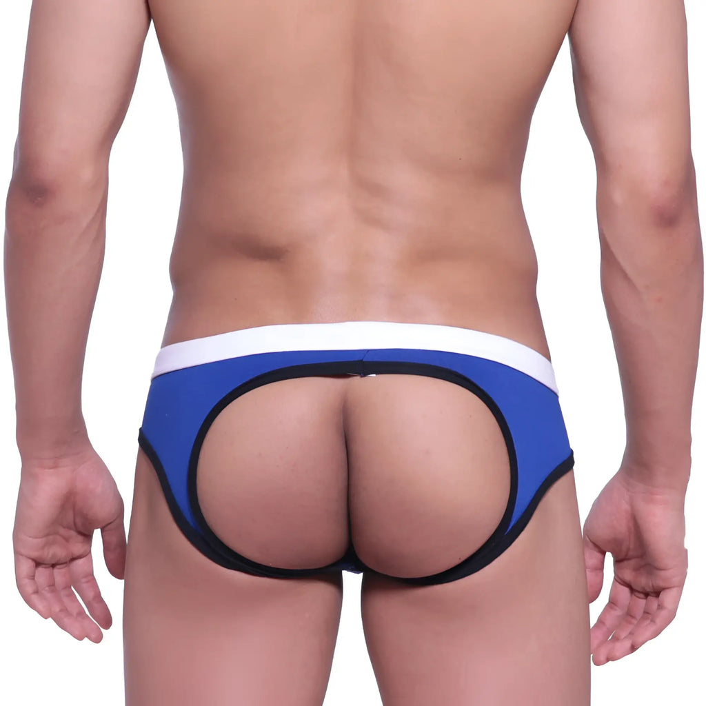 Metro male wear bare lowrise jock strap royal 3401-18 in blue and white thong with black trim shown from the back
