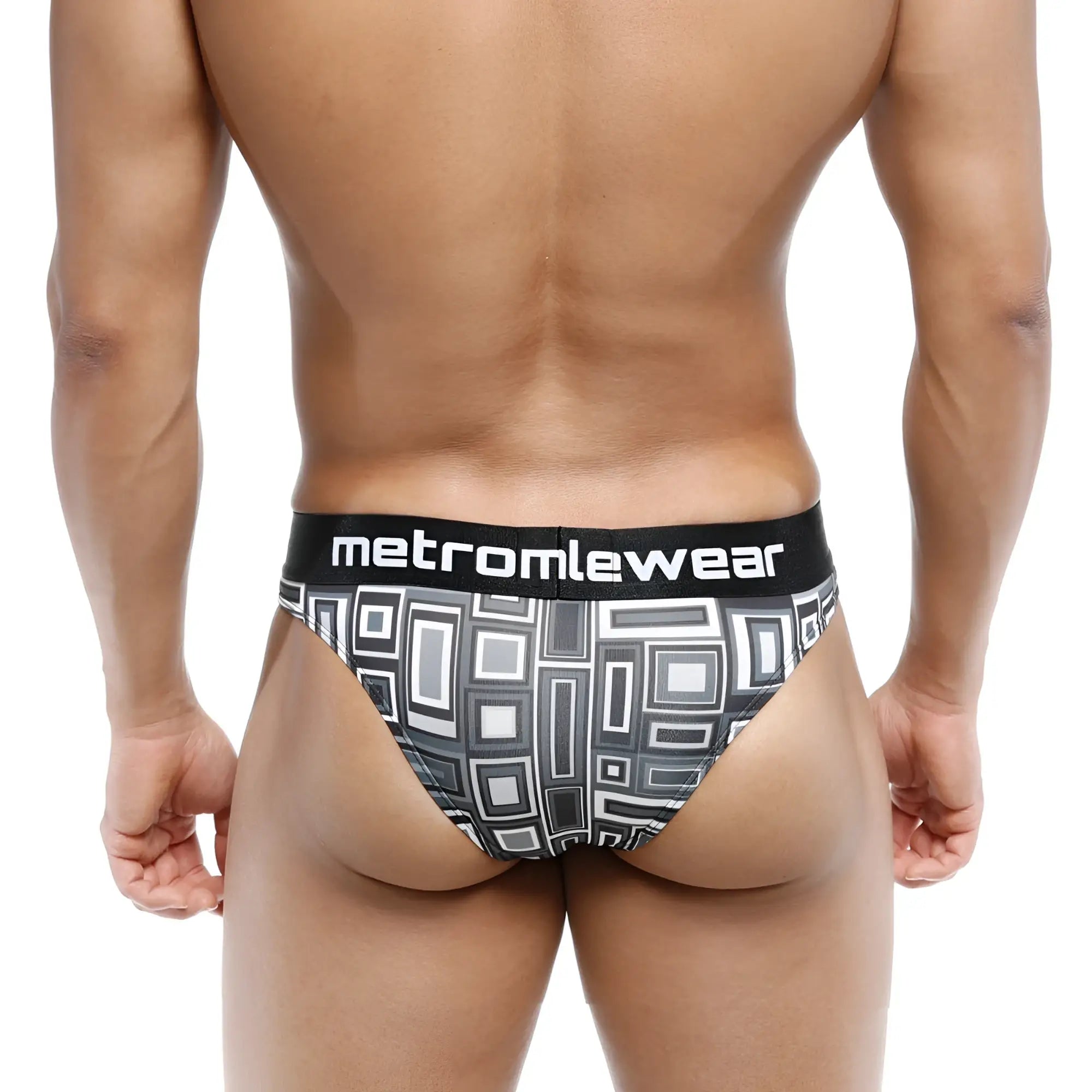Black and gray geometric patterned mens briefs with black metromalewear waistband shown from the back side