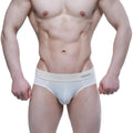 White mens briefs from MetroMaleWear basic brief nude 5003-07 with subtle gray logo on waistband