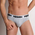Gray heathered metro malewear basic hip briefs with white elastic waistband featuring black miiow branding