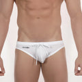 White mens swim trunks with drawstring waistband and aquav logo on left side for metro male wear 4901 00