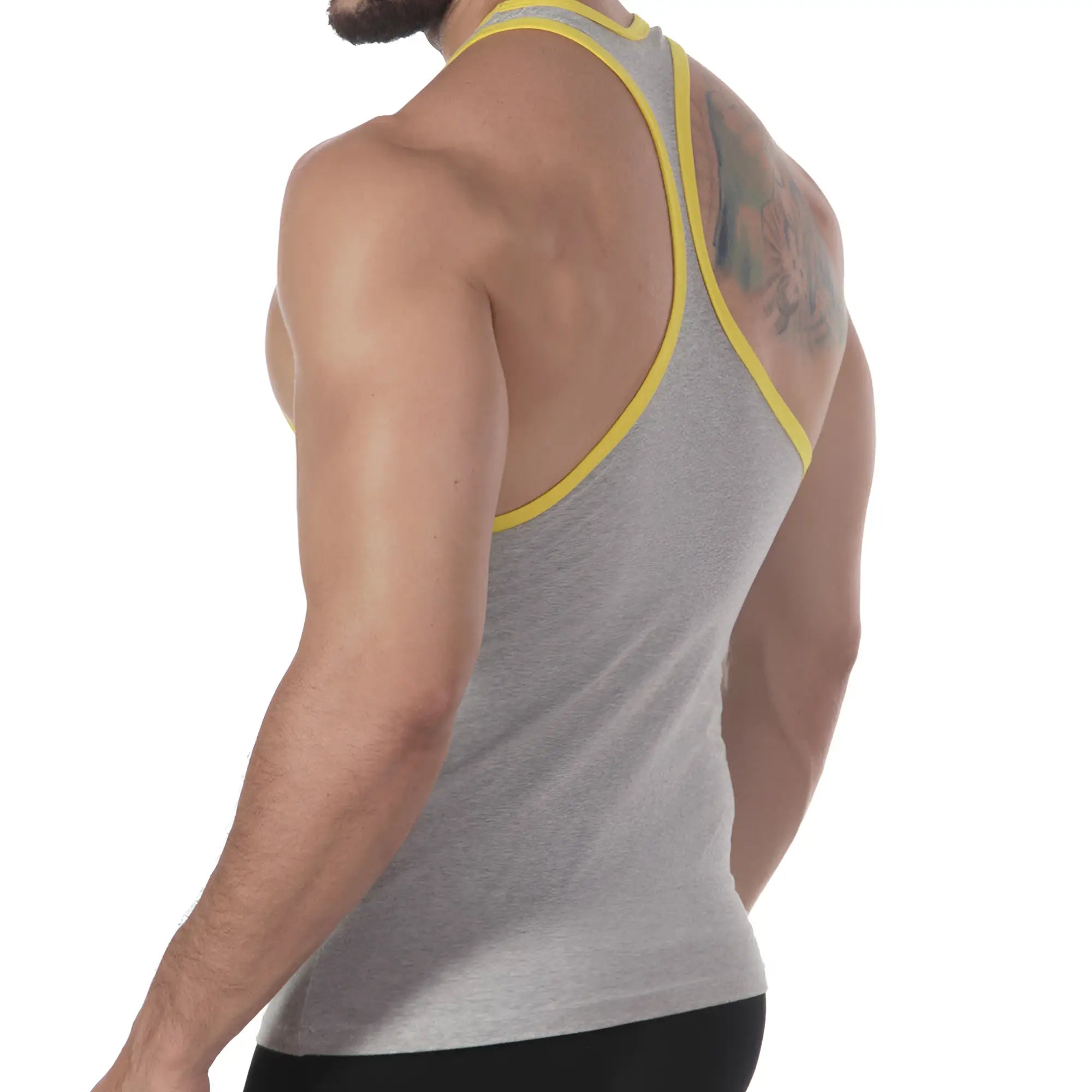 Gray athletic tank top with yellow trim along neckline and armholes from MetroMaleWear Basic Tank Top Grey 3127-10