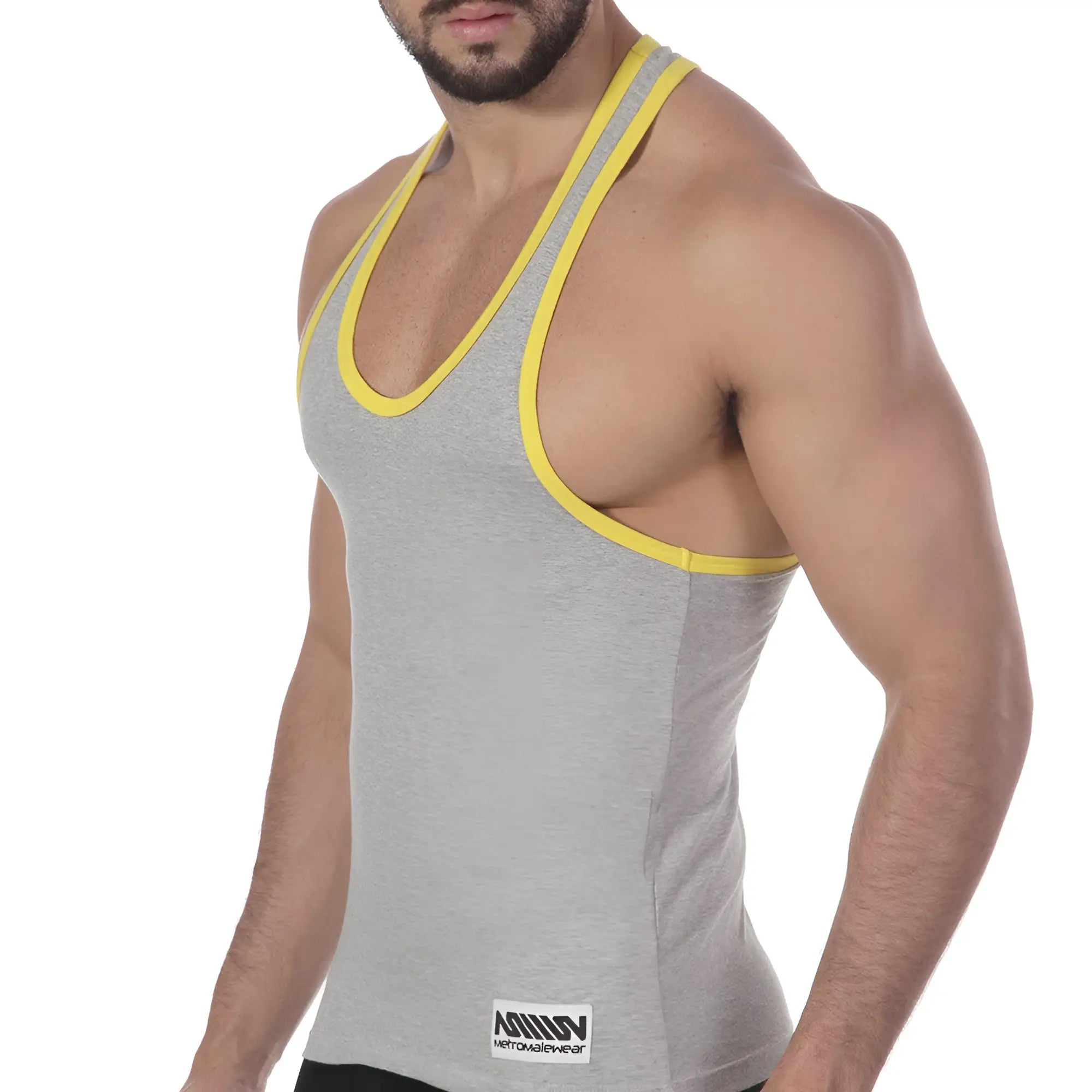 Gray heathered tank top with bright yellow trim along neckline and armholes metro malewear basic tank top gray