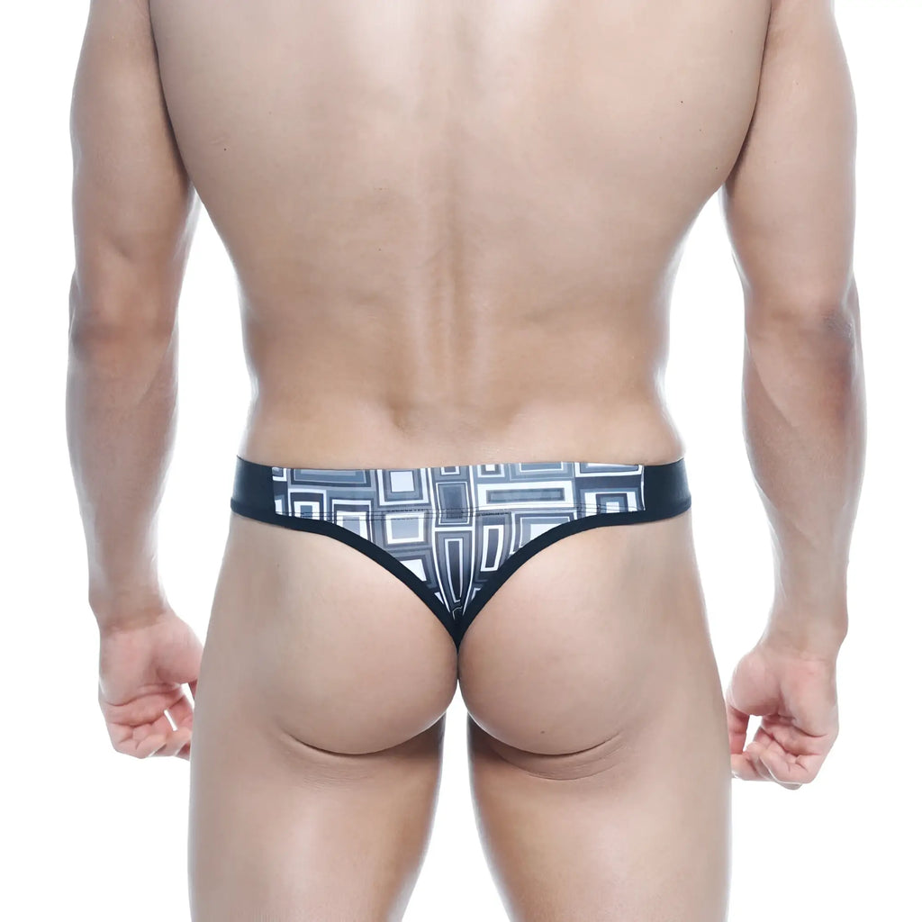 Black MetroMaleWear Basic Thong Basalto 2502-23 with white and gray geometric pattern shown from the back