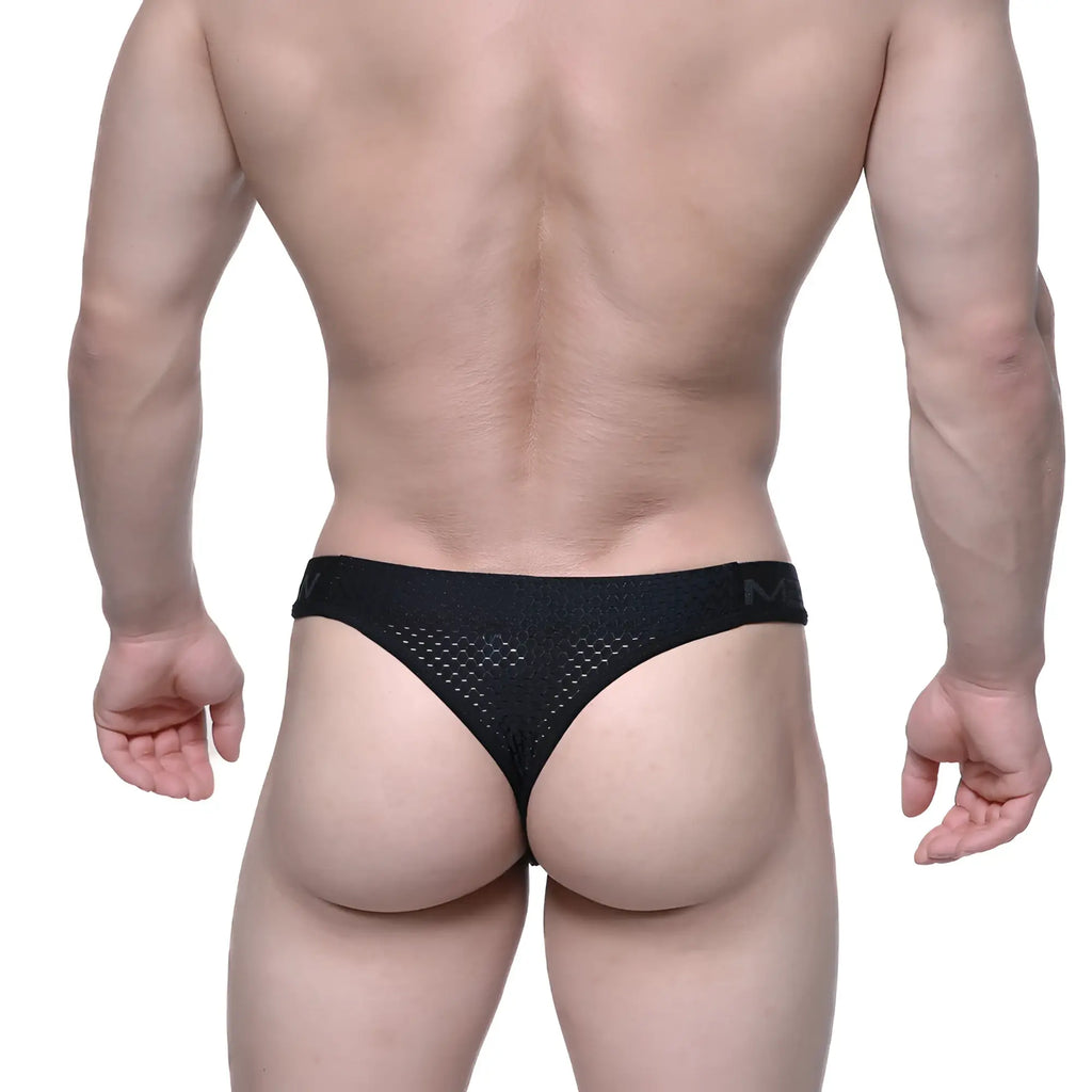 Black mesh thong with subtle textured pattern and branded waistband from MetroMaleWear Basic Thong Intense 2502-22