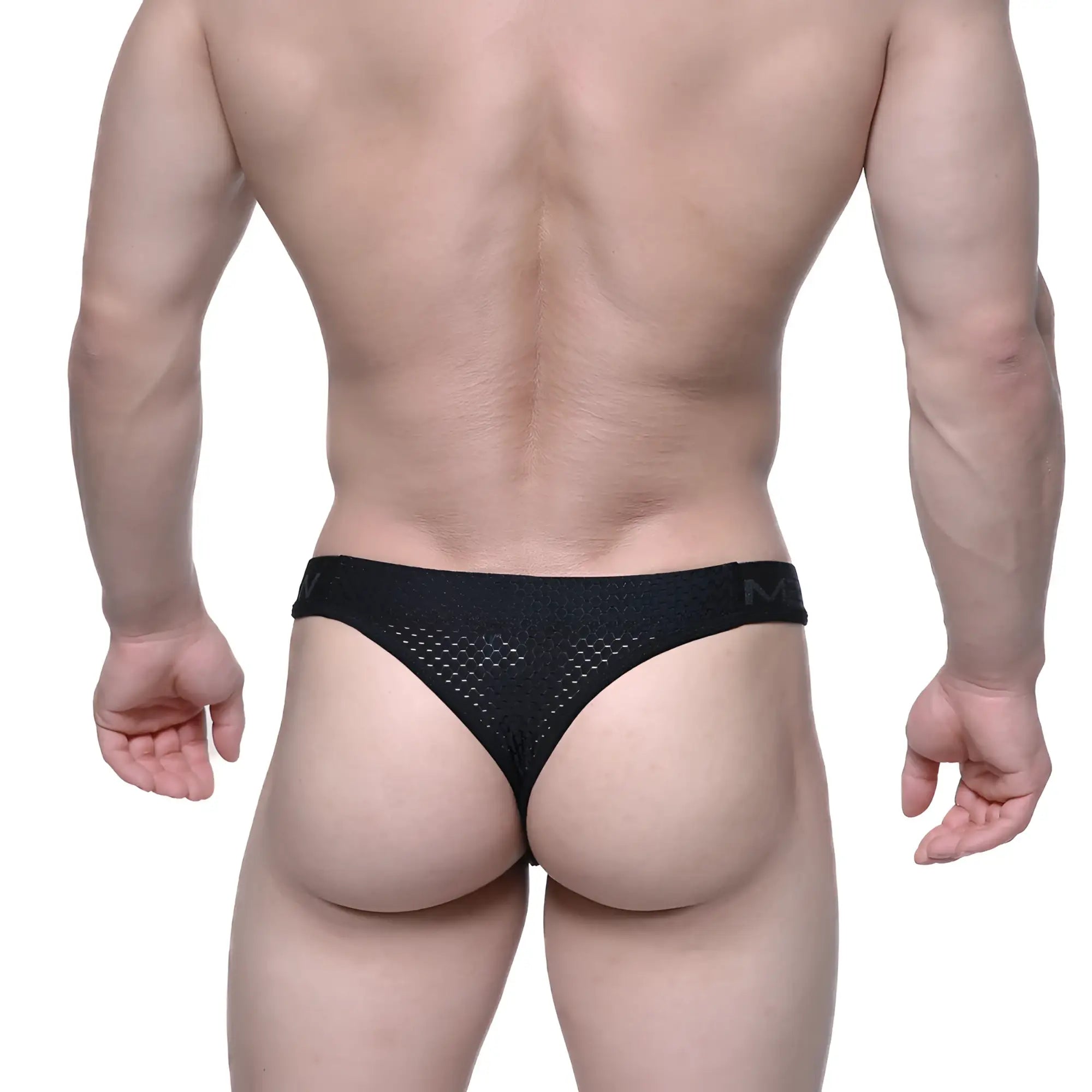 Black mesh thong with subtle textured pattern and branded waistband from MetroMaleWear Basic Thong Intense 2502-22
