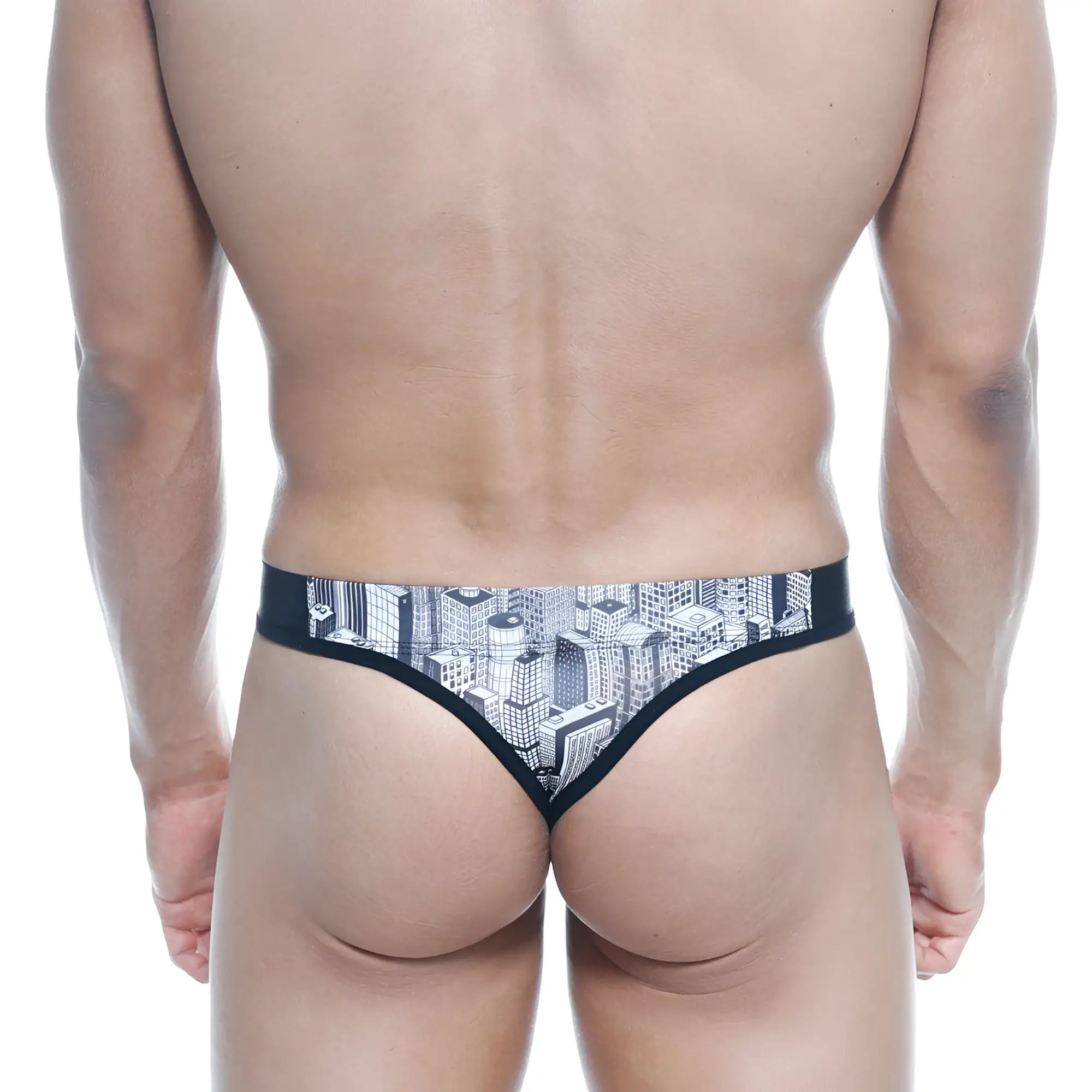 Black thong from metromalewear basic thong metro 2502-48 featuring a detailed black and white cityscape print
