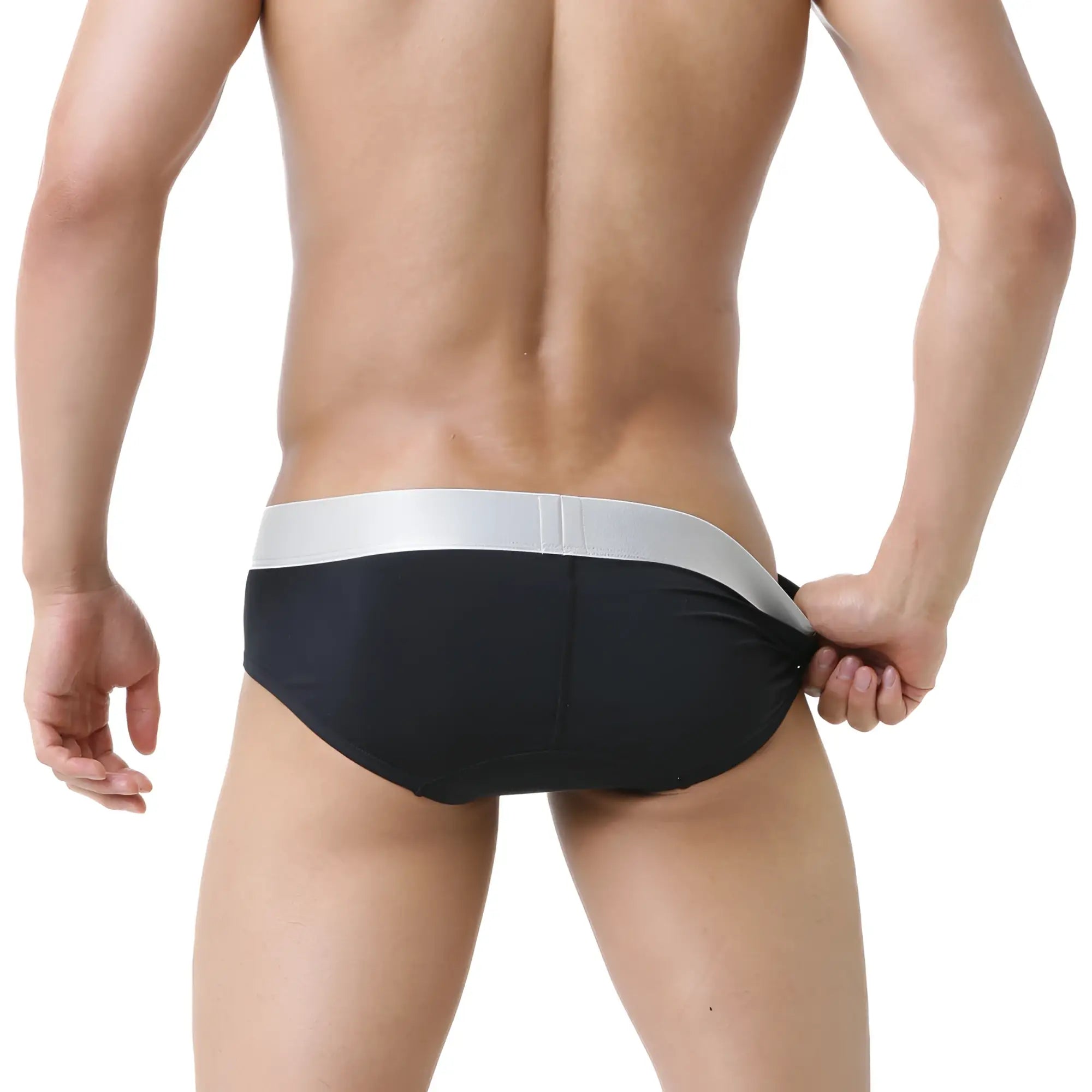Black swim trunks with a sleek silver waistband from MetroMaleWear Basico Brief Black 5006-21 for stylish swimwear