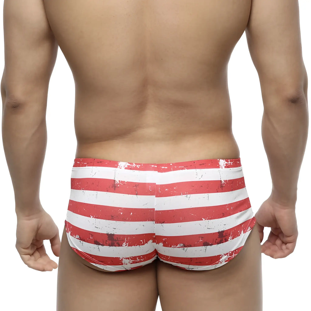 Red and white striped distressed vintage swim trunks metromahewear batalla boxer 2125-92 front view