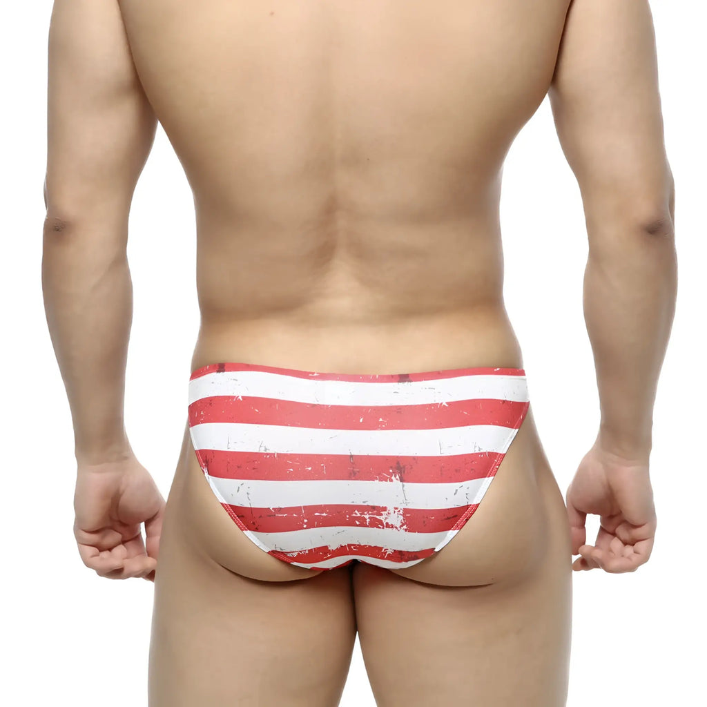 Metro malewear batalla hip bikini 6003-95 red and white striped swim trunks with distressed vintage look