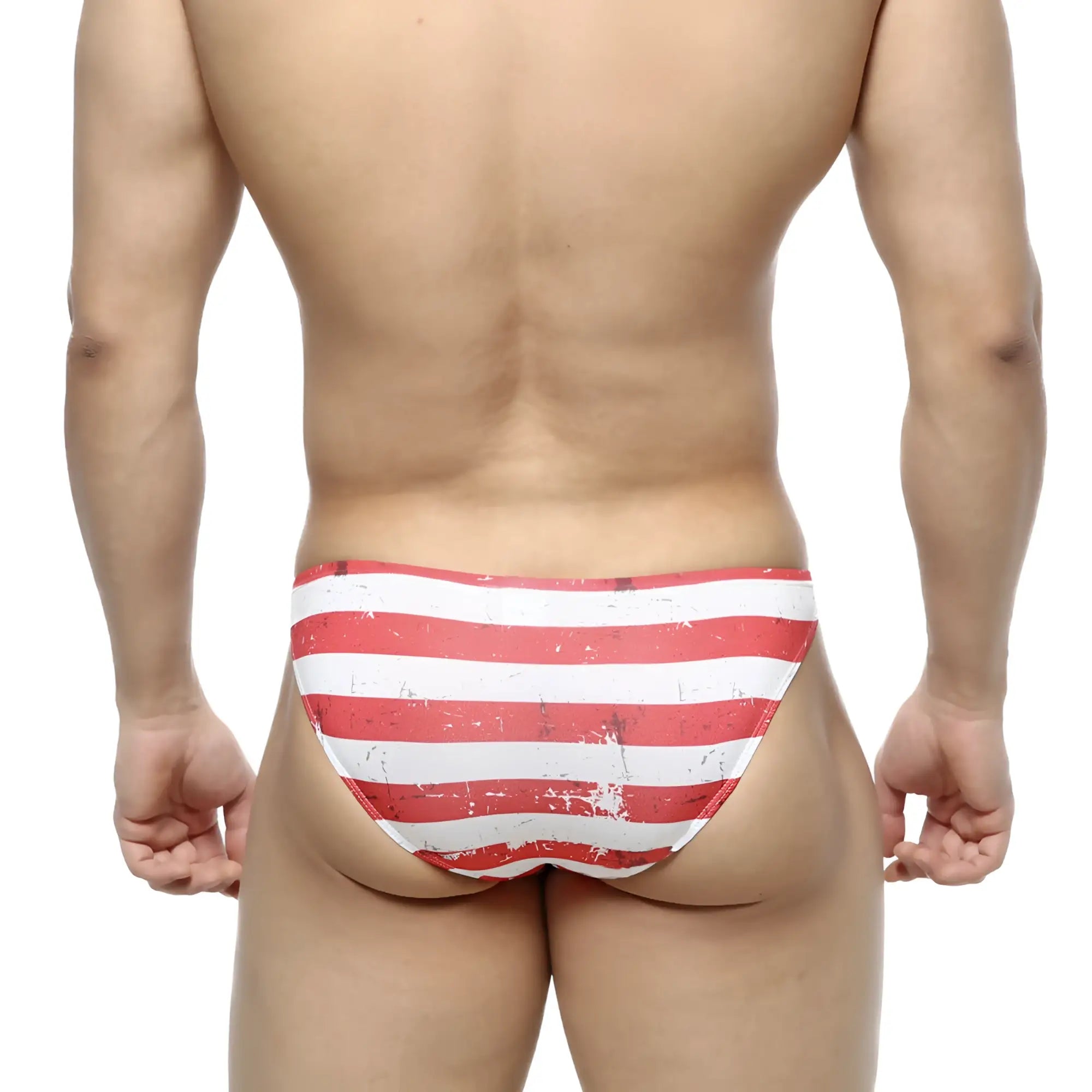 Metro malewear batalla hip bikini 6003-95 red and white striped swim trunks with distressed vintage look