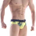 MetroMaleWear beach swim brief yellow with green leaf pattern and navy blue waistband with black drawstring